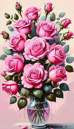 a painting of pink roses in a vase