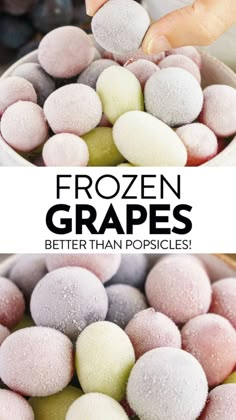 frozen grapes in a bowl with text overlay that reads, frozen grapes better than popsicles