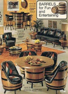 an advertisement for barrel tables and chairs in a store with the words barrel's for fun and entertaining