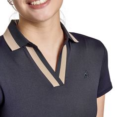 Sporty ladies polo shirt with V-neck in functional pique. Ribbed insert with block stripes at the neckline. Small Cavallo logo on the left chest. Cavallo woven logo on the left arm cuff. COMPOSITION: 96% polyester, 4% elastane Work Uniform Ideas Workwear, Poloshirt Design Ideas, Fitted Sports Top With Polo Collar, Sports Polo Collar Fitted Top, Sporty Polo Collar Top With Placket, Yacht Uniform, Classic Sports T-shirt With Polo Collar, Polo Shirt Design Uniform, Polo T Shirts Women