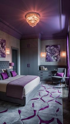 a bedroom with purple and grey decor on the walls, carpeted flooring and a chandelier hanging from the ceiling