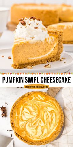 pumpkin swirl cheesecake with whipped cream on top