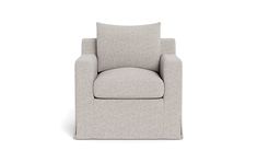 a gray chair with a pillow on the back and arm rests against a white background