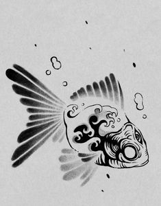 an ink drawing of a fish with bubbles coming out of it's mouth