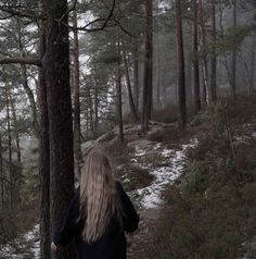 a woman standing in the woods looking at trees and snow on the ground with her back to the camera