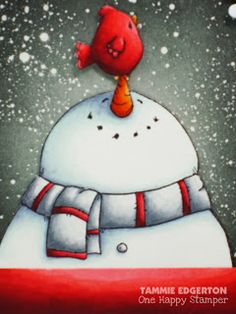 a painting of a red bird on top of a snowman with the words tammie edgerton cats happy christmas