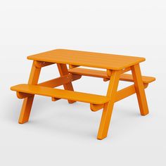 an orange picnic table with two benches on it's sides and one bench at the top