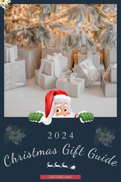 a christmas gift guide with santa clause on it and presents in front of the tree