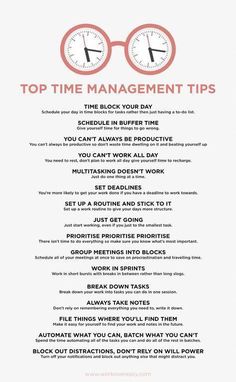 a poster with the words'top time management tips'written in red and white