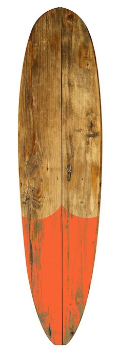 an orange and brown surfboard is shown on a white background with the bottom half painted red