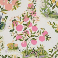 an apple tree with pink apples and green leaves on a white wallpapered background