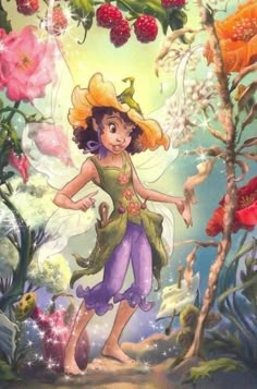 a painting of a fairy with flowers and berries