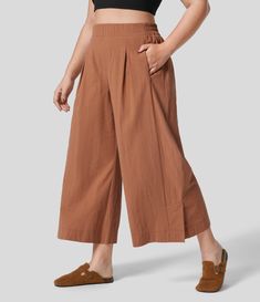 Women’s High Waisted Plicated Multiple Pockets Split Hem Wide Leg Palazzo Capri Casual Linen-Feel Plus Size Pants - Halara Cropped Wide Leg Pants Plus Size, Plus Size Cullotes, Plus Size Patterns For Women Free Wide Leg, Wide Leg Pants Plus Size, Wide Leg Crop Pants, Wide Leg Palazzo Pants, Inspo Board, Bleach Wash, Plus Size Pants