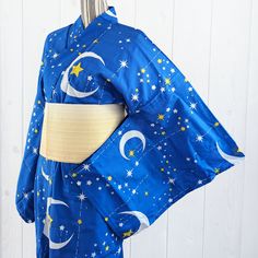 Japanese Yukata Kimono Plus Size - Whimsical Night Sky in Blue Japanese Yukata Women, Modern Yukata, Yukata Design, Star Kimono, Traditional Yukata, Yukata Women, Kimono Plus Size, Japanese Yukata, Cute Kimonos