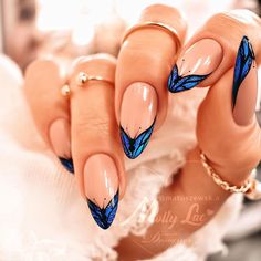 Butterfly Tip Nails, Persephone Inspired Nails, Lunar Moth Nails, Almond Nails Ideas Spring, Cool Nail Inspo Almond, Nail Ideas With Butterflies, Gorgeous Nails Spring, Gothic Summer Nails, Almond Style Nails