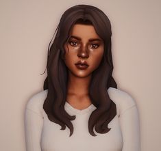 an animated image of a woman with long hair and brown eyes, wearing a white top