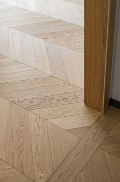 an open door on top of a wooden floor next to a white wall and wood floors