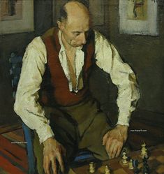 an oil painting of a man playing chess