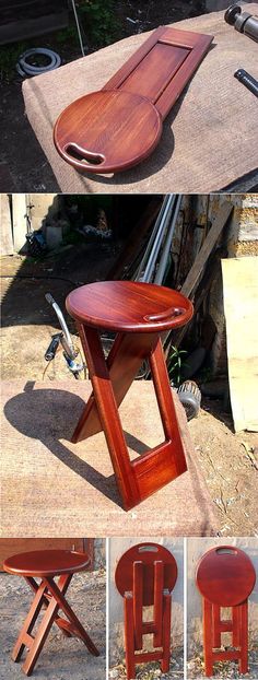 several pictures of different types of wooden tables and stools in various stages of construction