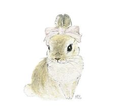 a drawing of a rabbit with a bow on it's head, sitting down