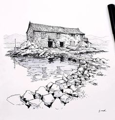 an ink drawing of a house on the shore with rocks in front of it and water behind it