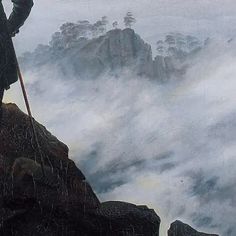 a painting of a man standing on top of a mountain with a stick in his hand