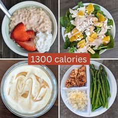 four pictures with different foods in them and the words 130 calories written on them