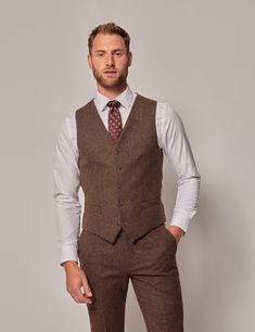 Tweed Waistcoat, Hawes And Curtis, Slim Suit, Brown Tweed, Tweed Suits, Three Piece Suit, Trouser Suits, Welt Pockets, The Moon