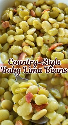 a bowl filled with green beans and bacon next to a spoon full of baby lima beans