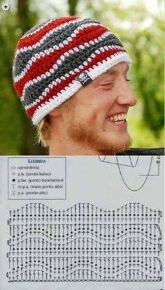 a man wearing a red, white and grey striped knitted hat next to a crochet pattern