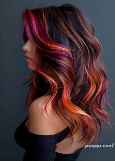 Tequila Sunrise Hair Color, Balayage Hair With Color Pop, Vivid Red Balayage Hair, Fall Bright Hair Color, Multi Color Fall Hair, Unicorn Hair Color Peekaboo, Multi Red Hair Color Combos, Dimensional Vivid Hair, Brunette With Vivid Color