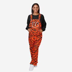 Cincinnati Bengals Womens Tiger Stripe Thematic Bib Overalls FOCO Cincinnati Bengals Outfit Woman, Tailgate Outfit, Fashion Stand, Fan Fashion, Logo Display, Bib Overalls, Girl Fits, Gameday Outfit, Tiger Stripes