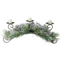 a candle holder with three lit candles and pine cones on the top, surrounded by evergreen branches