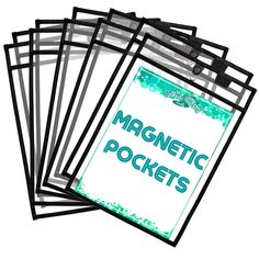 five magnets are stacked on top of each other, with the words magnetic pockets printed on them