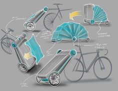 an image of a bicycle and baby carriage with blueprints on the back ground