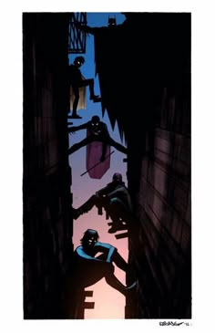 an image of batman and catwoman in the alley at night with city lights behind them