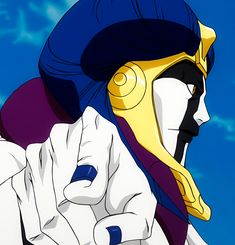 an animated image of a man with blue and yellow hair wearing a helmet, holding his fist up