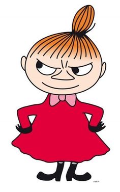 a cartoon girl in a red dress with her hands on her hips