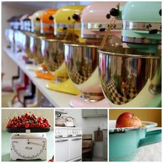 there are many pictures of kitchen appliances on this page, including mixers and apples