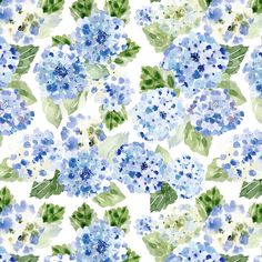 watercolor blue flowers and green leaves on a white background seamless wallpaper pattern