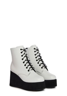 cuz it's a day party. These Platform boots have a vegan leather construction, lace up ties, and side zip closure. White Platform Boots With Zipper For Winter, White Winter Platform Boots With Zipper, White High-top Lace-up Boots, White Lace-up Platform Boots For Spring, White Lace-up Platform Boots, White High Ankle Lace-up Boots For Spring, Trendy White High Ankle Lace-up Boots, White Lace-up Boots With Round Toe, Trendy White Leather Lace-up Boots