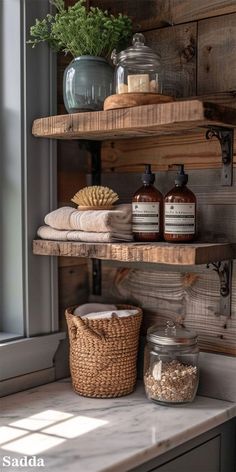 some shelves with soaps and other items on them