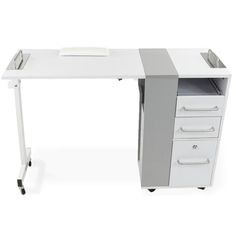 a white desk with two drawers and a keyboard on it's left hand side