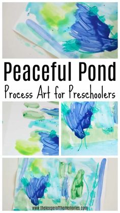 an art project with blue and green watercolors on it, including the words peaceful pond