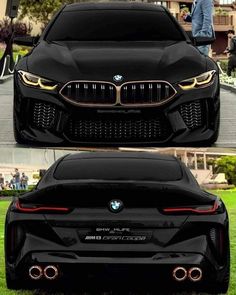 the front and back view of a black bmw car