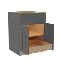 an open cabinet with two drawers on each side