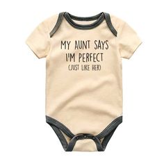 This newborn baby bodysuit is a must-have for any auntie's bundle of joy. The custom design features the phrase "My Aunt Says I'm Perfect" and is made with high-quality materials. Get ready for all the compliments and smiles when your little one is sporting this adorable romper. Keywords : Auntie Baby Bodysuit, My Aunt Says I'm Perfect Baby Romper, Custom Auntie Baby Clothes, Newborn Baby Clothing, Auntie Gift, Personalized Baby Outfit, Funny Baby Bodysuit, Auntie Love, Niece or Nephew Gift, Cute Infant Romper, Customized Baby Apparel, Family Bonding, Auntie and Baby Bond. New Aunt Gift Ideas, Baby Personalized Gift Ideas, Auntie Clothes, Cute Baby Onesies Sayings, Funny Baby Outfits, Auntie Onesies, Funny Newborn Onesies, Funny Aunt Onesie, Auntie And Nephew