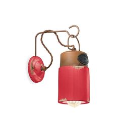 a red light hanging from the side of a wall mounted lamp with a chain attached to it