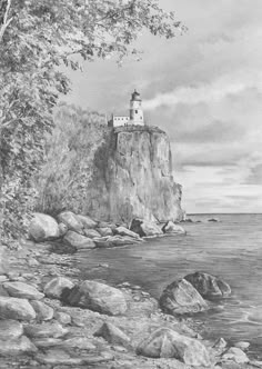 a drawing of a lighthouse on a rocky shore