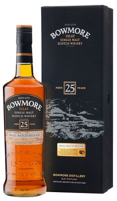 bowmore 25 year old single malk scotch whisky with box on white back ground